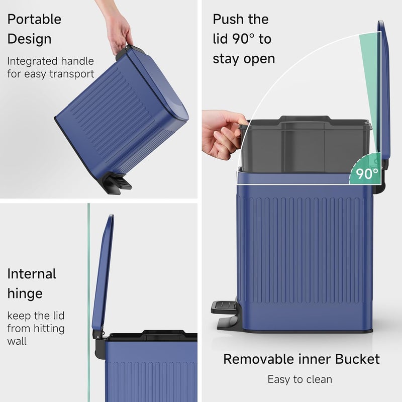 TIPGO Slim Bathroom Trash Can with Lid Soft Close, Step Pedal, 6 Liter / 1.6 Gallon Stainless Steel Trash Bin, Small Garbage Cans for Bedroom, Office, Kitchen (Blue) - Image 4